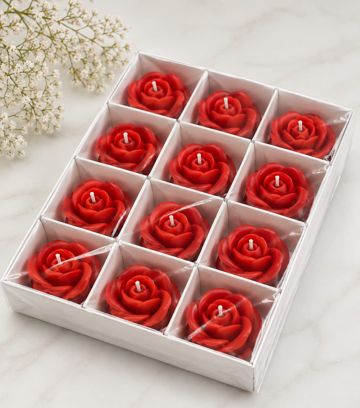 Gül Çiçeği Mum - Hediyelik Söz, Nişan, Nikah Mumu (12'li Paket)